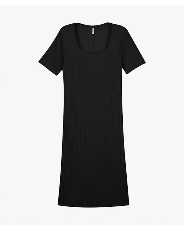 Vestido Midi Plus Size Canelado com Decote Quadrado - Cereja Rosa - Preto