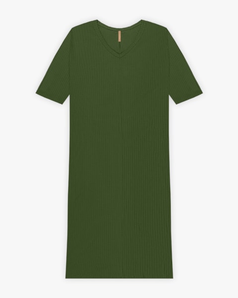 Vestido Midi Plus Size Canelado com Manga 3/4 - Cereja Rosa - Militar