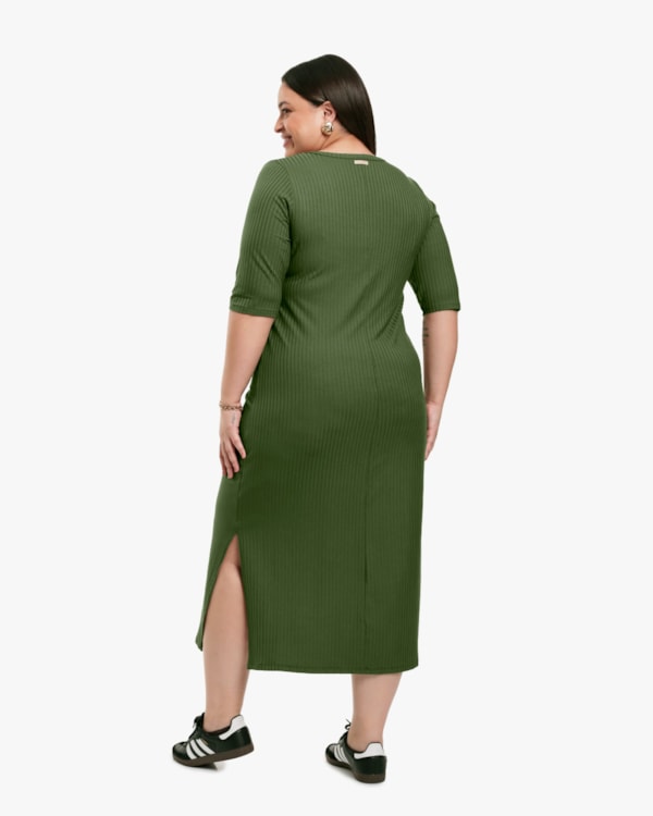 Vestido Midi Plus Size Canelado com Manga 3/4 - Cereja Rosa - Militar-G