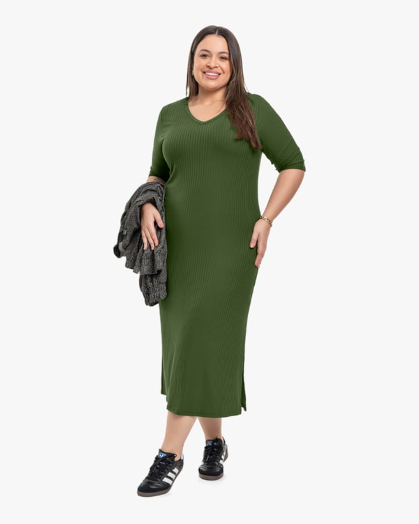 Vestido Midi Plus Size Canelado com Manga 3/4 - Cereja Rosa - Militar-G