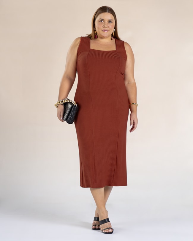 Vestido Midi Plus Size Canelado em Viscose - Cereja Rosa - Ferrugem-b6d2e687-2886-44dc-a27d-04c993c75311