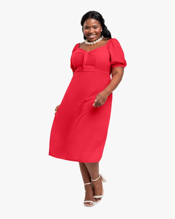 Vestido Midi Plus Size com Amarração Decote - Cereja Rosa - Hibisco