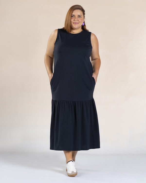 Vestido Midi Plus Size com Bolso em Meia Malha - Preto