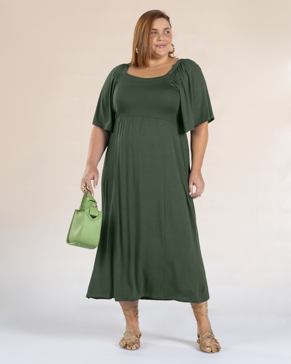 Vestido Midi Plus Size com Decote Quadrado - Cereja Rosa - Basílico P