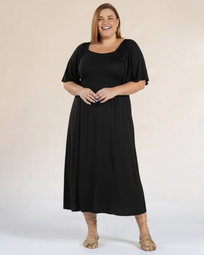 Vestido Midi Plus Size com Decote Quadrado - Cereja Rosa - Preto-6077b453-4cbd-4042-88bf-dc6d22dd2b68