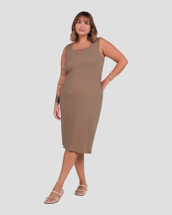 Vestido Midi Plus Size em Cotton Canelado Cereja Rosa Marrom