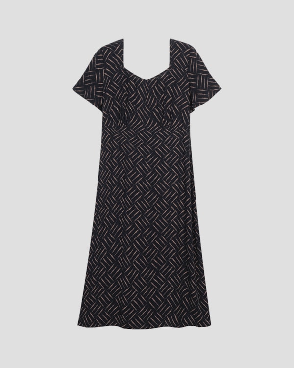 Vestido Midi Plus Size em Viscose Estampada Cereja Rosa Preto