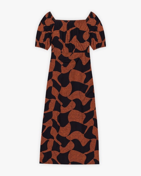 Vestido Midi Plus Size Estampado em Viscose - Cereja Rosa - Ocre