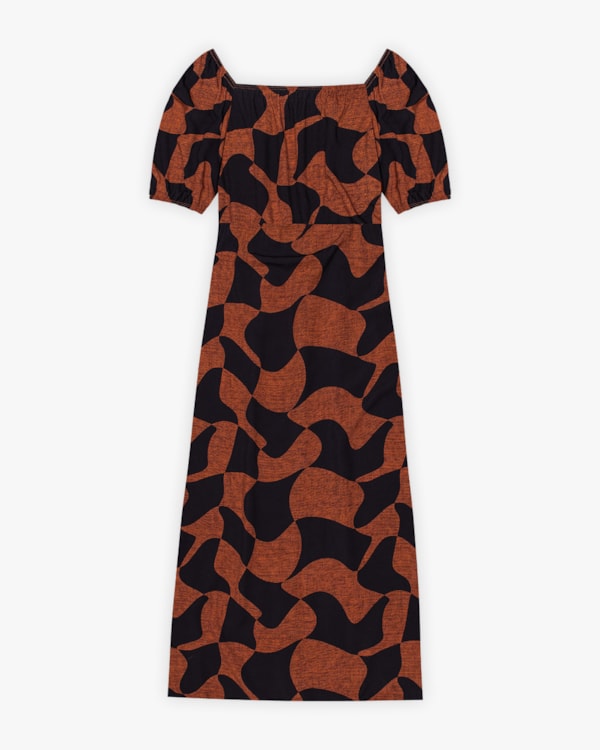 Vestido Midi Plus Size Estampado em Viscose - Cereja Rosa - Ocre