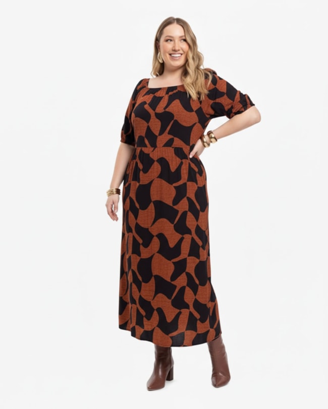 Vestido Midi Plus Size Estampado em Viscose - Cereja Rosa - Ocre-57ebb113-19dc-4761-932d-935e38116d0e