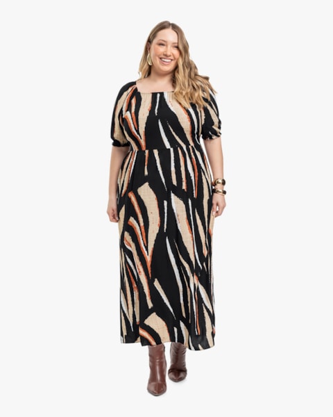 Vestido Midi Plus Size Estampado em Viscose - Cereja Rosa - Preto