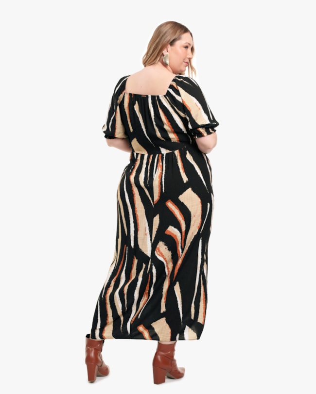 Vestido Midi Plus Size Estampado em Viscose - Cereja Rosa - Preto-544e7521-d383-4c58-ba8d-c5091f141f50