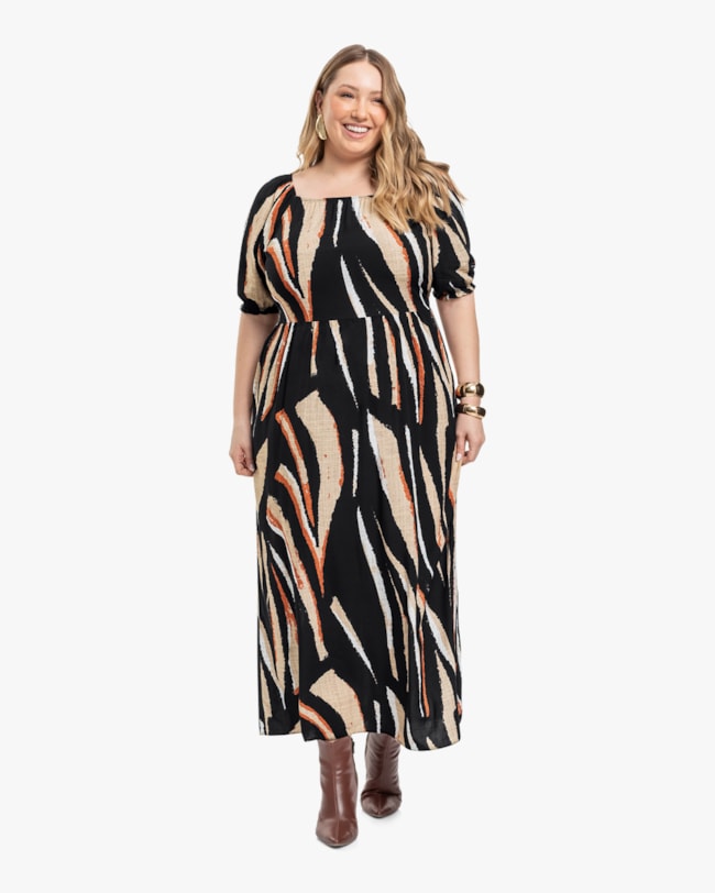 Vestido Midi Plus Size Estampado em Viscose - Cereja Rosa - Preto-370fe24e-6a38-4583-8d90-5d2b1aa7a439