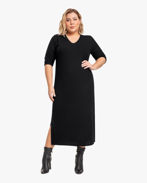Vestido Midi Plus Size Manga 3/4 Cereja Rosa Preto
