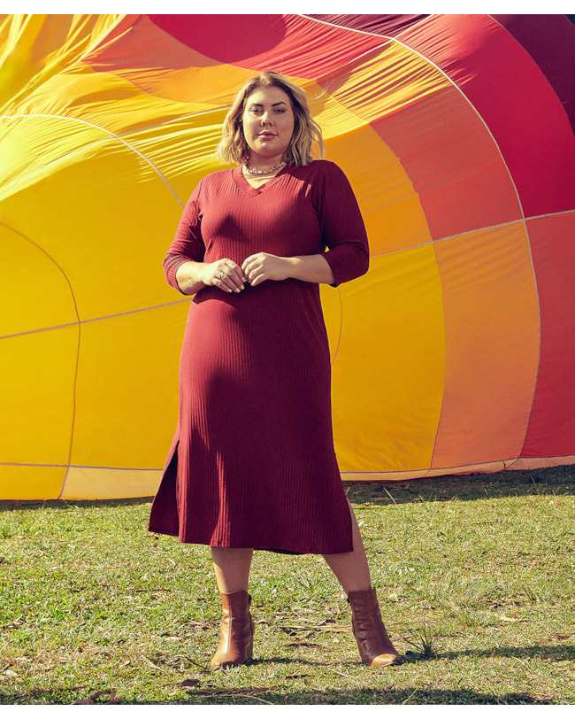 Vestido Midi Plus Size Manga 3/4 Cereja Rosa Vinho-688fd58c-4ae7-4f70-b43a-d639d6d02562