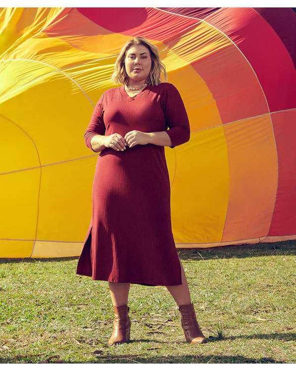 Vestido Midi Plus Size Manga 3/4 Cereja Rosa Vinho